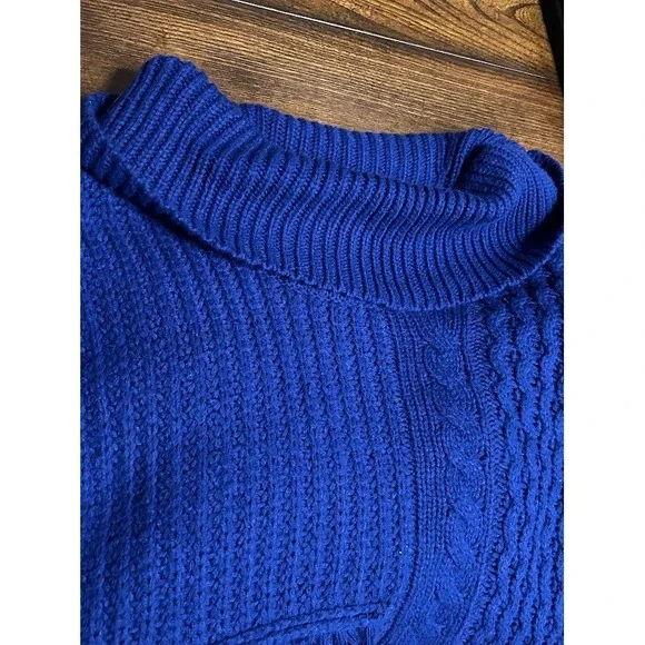 Calvin Klein Women's Sweater XL Cable Knit Chunky Turtleneck Cobalt Blue Fringe - Picture 7 of 8